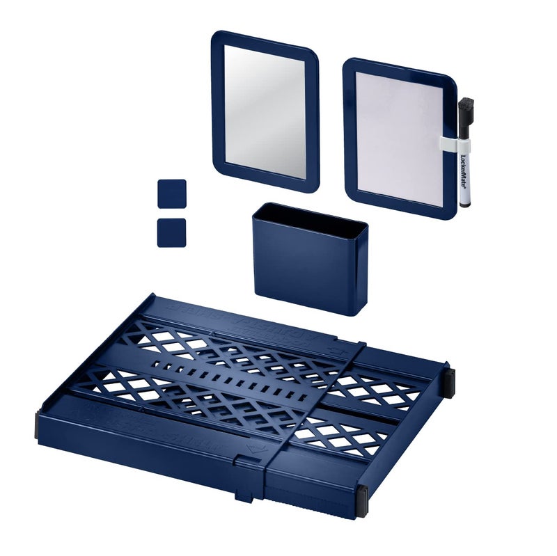 LockerMate AdjustAShelf 6Piece Locker Accessories Set Extends to Fit Your Locker Includes Storage Drawer Mirror Whiteboard Storage Cup Navy Blue 50924KITNVY